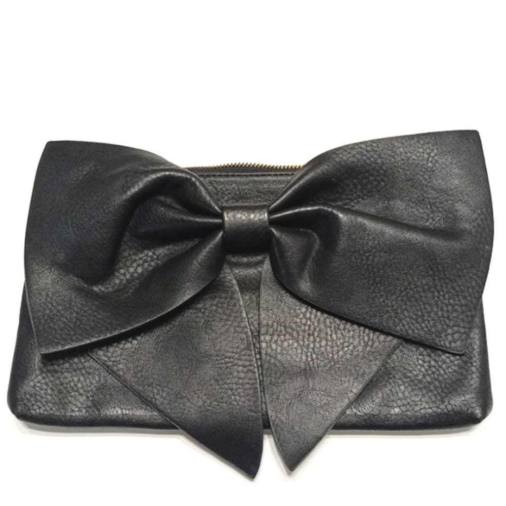 Large Bow Black Faux Leather Gold Chain Shoulder Bag Handbag Clutch - Picture 3 of 8